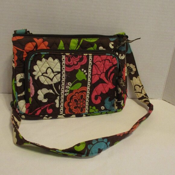 Vera Bradley Woman Small 9x7x3 Brown Green Blue Top Zip Pockets Bag Purse - Picture 1 of 10